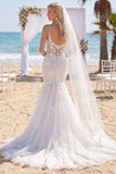 Spaghetti Straps White Lace Floral Floor-Length Beach Wedding Dress with Veils