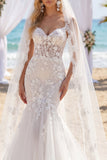 Spaghetti Straps White Lace Floral Floor-Length Beach Wedding Dress with Veils