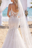 Spaghetti Straps White Lace Floral Floor-Length Beach Wedding Dress with Veils