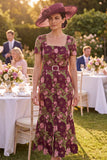 Square Neck Burgundy Floral Long Mother of the Bride Dress