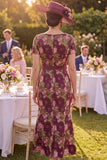Square Neck Burgundy Floral Long Mother of the Bride Dress