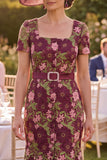 Square Neck Burgundy Floral Long Mother of the Bride Dress