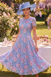 Blue Floral A Line Round Neck Midi Mother of the Bride Dress