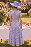 Blue Floral A Line Round Neck Midi Mother of the Bride Dress