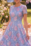 Blue Floral A Line Round Neck Midi Mother of the Bride Dress
