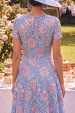Blue Floral A Line Round Neck Midi Mother of the Bride Dress