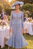 Mermaid Grey Blue Floral Midi Mother of the Bride Dress with Belt