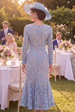 Mermaid Grey Blue Floral Midi Mother of the Bride Dress with Belt