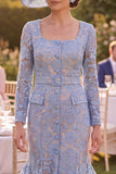 Mermaid Grey Blue Floral Midi Mother of the Bride Dress with Belt