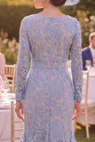 Mermaid Grey Blue Floral Midi Mother of the Bride Dress with Belt