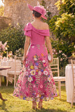 Fuchsia Floral A Line One Shoulder Long Mother of the Bride Dress