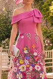 Fuchsia Floral A Line One Shoulder Long Mother of the Bride Dress