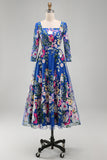 Floral Royal Blue A Line Long Mother of the Bride Dress
