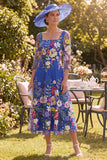Floral Royal Blue A Line Long Mother of the Bride Dress