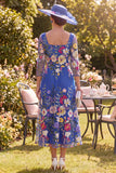 Floral Royal Blue A Line Long Mother of the Bride Dress