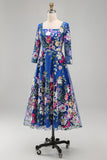 Floral Royal Blue A Line Long Mother of the Bride Dress