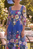 Floral Royal Blue A Line Long Mother of the Bride Dress