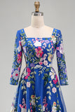 Floral Royal Blue A Line Long Mother of the Bride Dress