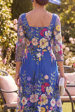 Floral Royal Blue A Line Long Mother of the Bride Dress