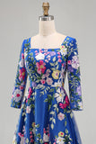 Floral Royal Blue A Line Long Mother of the Bride Dress