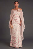 Apricot Floral Mermaid Maxi Strapless Wedding Guest Dress with Cape