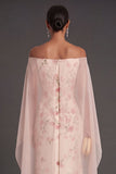 Apricot Floral Mermaid Maxi Strapless Wedding Guest Dress with Cape