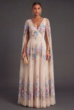 Champagne Floral A Line Pleated Maxi Wedding Guest Dress with Side Cape