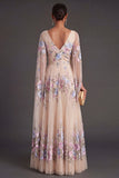 Champagne Floral A Line Pleated Maxi Wedding Guest Dress with Side Cape