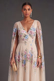 Champagne Floral A Line Pleated Maxi Wedding Guest Dress with Side Cape