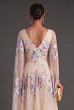 Champagne Floral A Line Pleated Maxi Wedding Guest Dress with Side Cape