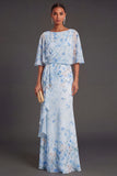 Blue Floral Mermaid Half Sleeves Maxi Wedding Guest Dress with Ruffles