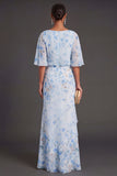 Blue Floral Mermaid Half Sleeves Maxi Wedding Guest Dress with Ruffles