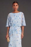 Blue Floral Mermaid Half Sleeves Maxi Wedding Guest Dress with Ruffles