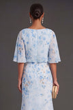 Blue Floral Mermaid Half Sleeves Maxi Wedding Guest Dress with Ruffles