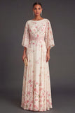 Apricot Floral A Line 3/4 Sleeves Maxi Wedding Guest Dress