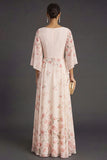 Apricot Floral A Line 3/4 Sleeves Maxi Wedding Guest Dress