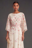 Apricot Floral A Line 3/4 Sleeves Maxi Wedding Guest Dress