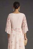 Apricot Floral A Line 3/4 Sleeves Maxi Wedding Guest Dress