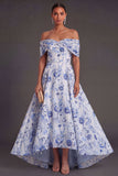 Blue Floral A Line Off the Shoulder Maxi Wedding Guest Dress