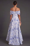 Blue Floral A Line Off the Shoulder Maxi Wedding Guest Dress