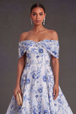 Blue Floral A Line Off the Shoulder Maxi Wedding Guest Dress
