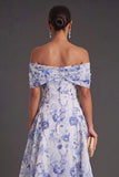 Blue Floral A Line Off the Shoulder Maxi Wedding Guest Dress