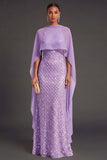 Sparkly Black Tie Purple Mermaid Maxi Wedding Guest Dress with Cape