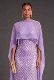 Sparkly Black Tie Purple Mermaid Maxi Wedding Guest Dress with Cape
