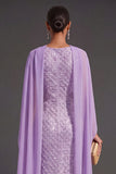Sparkly Black Tie Purple Mermaid Maxi Wedding Guest Dress with Cape