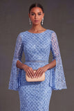Sparkly Black Tie Blue Mermaid Maxi Flutter Sleeves Wedding Guest Dress