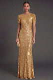 Sparkly Golden Mermaid Maxi Wedding Guest Dress with Sleeves