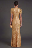 Sparkly Golden Mermaid Maxi Wedding Guest Dress with Sleeves