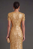 Sparkly Golden Mermaid Maxi Wedding Guest Dress with Sleeves