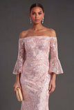 Sparkly Blush Flutter Sleeves Mermaid Maxi Formal Dress with Sequins